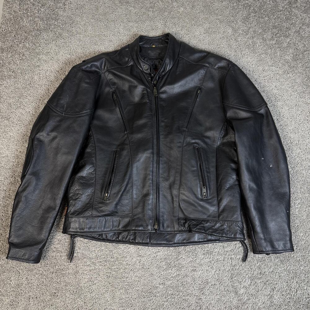 Hot Leathers Jacket Mens 52 Black Leather Motorcycle Lined Quilted Zipped